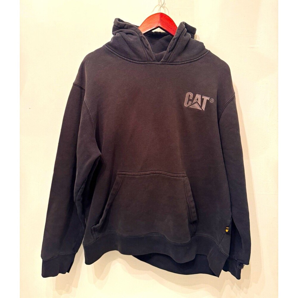 CAT Black Pullover Hoodie Men’s XL Fleece Logo Pocket please note flaws in Pics!